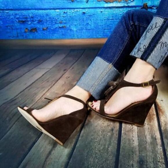 New DSQUARED2 Women US 10 Shoes Brown Suede High Heel Wedge T-Strap Sandals - Picture 11 of 13